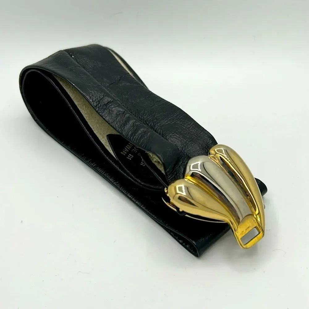 Vintage Black Leather Belt with Gold and Silver Scallop Buckle - Size S